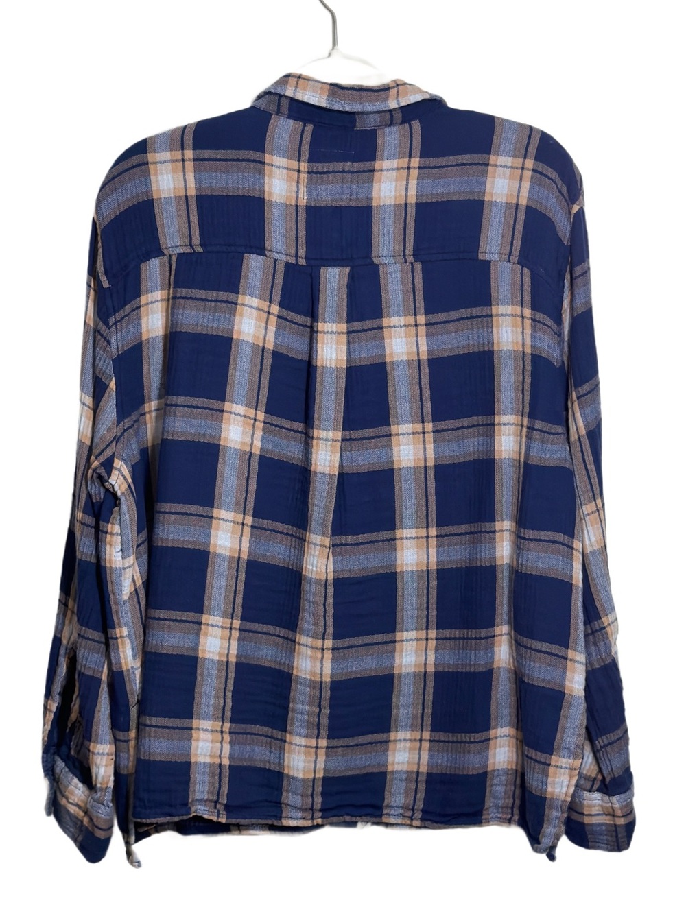 aerie Navy Blue Plaid Button-Down Shirt with Tan Accents - Picture 3 of 8
